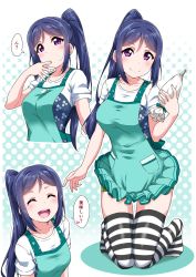 Rule 34 | 10s, 1girl, :d, apron, blue hair, blush, breasts, closed eyes, collarbone, floral print, food, green apron, green shorts, heart, high ponytail, highres, kneeling, large breasts, licking, licking finger, looking at viewer, love live!, love live! sunshine!!, matsuura kanan, multiple views, nail polish, open mouth, pastry, pastry bag, ponytail, purple eyes, short sleeves, shorts, sidelocks, smile, speech bubble, striped clothes, striped thighhighs, teeth, thighhighs, translated, upper teeth only, yopparai oni