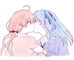Rule 34 | 2girls, ahoge, blue hair, blue ribbon, blush, closed eyes, commentary, hair ribbon, hand on another&#039;s arm, highres, hololive, hoshimachi suisei, kiss, long hair, micomet (hololive), multiple girls, orange eyes, pink hair, pink sweater, purple sweater, ribbon, sakura miko, simple background, sweater, twintails, upper body, virtual youtuber, white background, yumi5469, yuri
