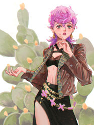 Rule 34 | 1girl, black skirt, blush, brown jacket, cactus, cowboy shot, earrings, green eyes, hands up, highres, jacket, jewelry, jojo no kimyou na bouken, long sleeves, looking at viewer, medium hair, midriff, parted lips, pink hair, skirt, solo, spider ship, trish una, vento aureo, white background