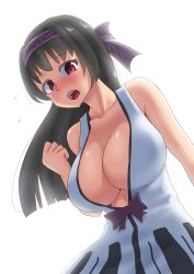 Rule 34 | bare arms, bare shoulders, blush, bow, breasts, brown hair, center opening, cleavage, clenched hand, collarbone, headband, highres, large breasts, looking down, original, pink eyes, simple background, solo, white background, zheng