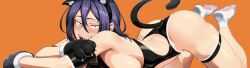 Rule 34 | 1girl, animal ears, animal hands, ass, back cutout, black gloves, black leotard, blue hair, breast press, breasts, castell, cat ears, cat tail, clothing cutout, dark blue hair, fake animal ears, fake tail, gloves, hair between eyes, highres, hitomi-chan wa hitomishiri, large breasts, leotard, looking at viewer, lying, on stomach, open mouth, orange background, paw gloves, paw shoes, purple eyes, sanpaku, sharp teeth, short hair, skindentation, smile, solo, stomach cutout, tail, takano hitomi, teeth, thigh strap, white footwear