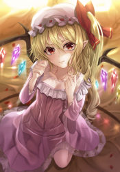 Rule 34 | 1girl, :t, akane hazuki, alternate costume, backlighting, blonde hair, bow, brown eyes, closed mouth, collarbone, commentary request, crystal, dress, flandre scarlet, flat chest, from above, glowing, hair between eyes, hair bow, hands up, hat, head tilt, highres, kneeling, long sleeves, looking at viewer, medium hair, mob cap, on bed, one side up, petals, pink dress, pointy ears, pout, red bow, solo, touhou, v-shaped eyebrows, white hat, wings