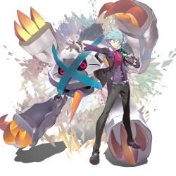 Rule 34 | 1boy, absurdres, alternate color, blue eyes, blue hair, commentary, creatures (company), game freak, gen 3 pokemon, highres, hiro (user negm3832), holding, holding poke ball, jacket, jewelry, legs apart, long sleeves, male focus, mega metagross, mega pokemon, metagross, necktie, nintendo, open clothes, open jacket, outstretched arm, pants, parted lips, poke ball, pokemon, pokemon (creature), pokemon oras, ring, shiny pokemon, shirt, shoes, short hair, smile, spiked hair, spread fingers, standing, steven stone, vest, white shirt