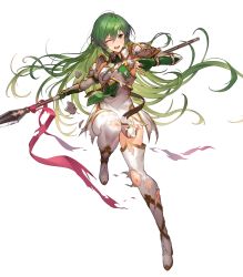 Rule 34 | 1girl, arm guards, armor, belt, boots, breastplate, brown belt, closed mouth, dress, elbow gloves, erinys (fire emblem), female focus, fingerless gloves, fire emblem, fire emblem: genealogy of the holy war, fire emblem heroes, full body, gloves, green eyes, green gloves, green hair, high heels, highres, holding, holding polearm, holding spear, holding weapon, kakage, long hair, matching hair/eyes, nintendo, official art, one eye closed, polearm, short dress, shoulder armor, sleeveless, solo, spear, thigh boots, thighhighs, thighs, torn clothes, transparent background, weapon, white dress, white footwear, wince, zettai ryouiki