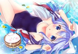 Rule 34 | 1girl, angora rabbit, basin, blouse, blue eyes, blue hair, blue one-piece swimsuit, chestnut mouth, commentary request, competition school swimsuit, competition swimsuit, gochuumon wa usagi desu ka?, hair between eyes, hair ornament, hairband, kafuu chino, light blue hair, long hair, looking at viewer, lying, one-piece swimsuit, open clothes, open shirt, partially submerged, rabbit, rikatan, school swimsuit, school uniform, serafuku, shallow water, shirt, solo, swimsuit, swimsuit under clothes, tippy (gochiusa), very long hair, water, white hairband, white shirt, x hair ornament