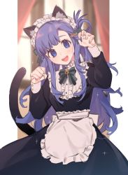 Rule 34 | 1girl, alternate costume, animal ears, apron, asari nanami, bell, black dress, blue eyes, blue hair, blush, bow, cat ears, cat tail, dress, enmaided, fish hair ornament, green bow, hair bow, hair ornament, hair rings, highres, idolmaster, idolmaster cinderella girls, long hair, long sleeves, looking at viewer, maid, maid headdress, open mouth, paw pose, solo, sparkle, tail, upper body, white apron, yagita (astronomie)