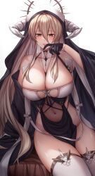 Rule 34 | 1girl, :p, absurdres, azur lane, bare shoulders, between breasts, black dress, black gloves, blonde hair, blush, breasts, brown eyes, chain, chien zero, cleavage, collarbone, covered navel, cowboy shot, detached collar, detached sleeves, dress, fake horns, finger to mouth, gloves, groin, habit, hair between eyes, half gloves, hand up, highres, horns, huge breasts, implacable (azur lane), large breasts, licking, long bangs, long hair, long sleeves, looking at viewer, mole, naughty face, navel, nun, open mouth, pelvic curtain, revealing clothes, sidelocks, simple background, sitting, smile, stomach, thighhighs, thighs, tongue, tongue out, two-tone dress, veil, very long hair, white background, white headwear, white thighhighs, wide sleeves