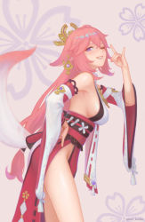 Rule 34 | 1girl, animal ears, bare shoulders, breasts, cherry blossoms, commentary, cowboy shot, detached sleeves, earrings, fingernails, floppy ears, floral background, fox ears, fox shadow puppet, fox tail, from side, genshin impact, grin, hair between eyes, hair ornament, highres, japanese clothes, jewelry, kuri kuriku, large breasts, leaning forward, long hair, looking at viewer, looking to the side, low-tied long hair, miko, nail polish, one eye closed, parted lips, pink background, pink hair, pink lips, pink nails, pink tail, priestess, purple eyes, purple pupils, red skirt, ribbon trim, sideboob, skirt, smile, solo, tail, thighs, twitter username, very long hair, vision (genshin impact), wide sleeves, yae miko