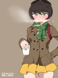 Rule 34 | 10s, 1girl, 2017, alternate costume, brown hair, coffee cup, cup, dated, disposable cup, girls und panzer, green eyes, hair between eyes, hand in pocket, highres, hosomi shizuko, jacket, shiroobi (whitebeltmaster), skirt, solo, steam, thigh gap, winter clothes, yellow skirt