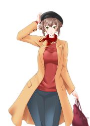 Rule 34 | 1girl, alternate costume, bag, beret, black hat, blue pants, breasts, brown hair, cowboy shot, denim, flipped hair, green eyes, hand on own head, handbag, hat, highres, jacket, kantai collection, kiriki haruomi, large breasts, long sleeves, looking at viewer, mutsu (kancolle), neckerchief, pants, red neckerchief, red sweater, ribbed sweater, short hair, simple background, smile, solo, sweater, transparent background, upper body, white background, yellow jacket