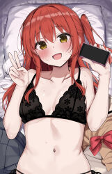 Rule 34 | 1girl, bed sheet, black bra, blush, bocchi the rock!, bra, cellphone, collarbone, green eyes, hair between eyes, highres, holding, holding phone, kita ikuyo, long hair, looking at viewer, navel, one side up, open mouth, phone, pillow, red hair, rouka (akatyann), smartphone, solo, underwear, upper body, v