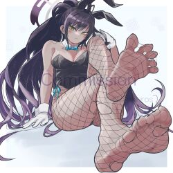 Rule 34 | 1girl, ahoge, animal ears, ass, bare shoulders, black leotard, black nails, blue archive, blue background, blush, border, breasts, closed mouth, commission, fake animal ears, feet, fishnet pantyhose, fishnets, foot focus, foot up, foreshortening, full body, gloves, gradient background, gradient hair, grey background, halo, highleg, highleg leotard, highres, karin (blue archive), karin (bunny) (blue archive), knees up, large breasts, legs, leotard, long hair, looking at viewer, multicolored hair, nail polish, no shoes, omkuros, pantyhose, playboy bunny, purple hair, purple halo, soles, solo, spread toes, strapless, strapless leotard, thighs, toenail polish, toenails, toes, torn clothes, torn pantyhose, twitter username, very long hair, watermark, white border, white gloves, wide hips, yellow eyes