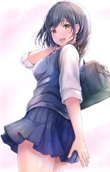 Rule 34 | 1girl, absurdres, bag, black hair, blouse, blue skirt, blue vest, brown eyes, commentary, english commentary, from below, from side, highres, holding, holding bag, looking at viewer, looking back, medium hair, open mouth, original, pleated skirt, school uniform, shirt, skirt, solo, tokeshi, vest, white shirt
