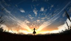 Rule 34 | 1girl, adsuger, blurry, cloud, cloudy sky, depth of field, dress, facing away, grass, highres, horizon, nature, original, outdoors, outstretched arms, scenery, short hair, sky, solo, standing, star (sky), starry sky, sun, sunlight, sunset, wind, wind lift