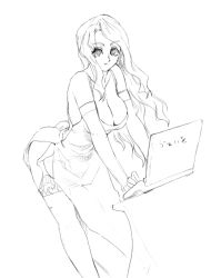 Rule 34 | bent over, breasts, cleavage, computer, dress, elbow gloves, garter belt, gloves, greyscale, laptop, large breasts, long hair, monochrome, outline, solo, thighhighs, tsuutenkaaku