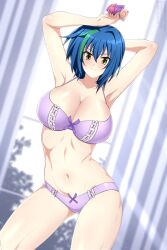 Rule 34 | 1girl, arm behind head, arm over head, armpits, arms up, blue hair, blurry, blurry background, bra, breasts, cleavage, closed mouth, collarbone, colored condom, commentary, condom, contrapposto, curtains, english commentary, green hair, hair between eyes, high school dxd, highres, holding, holding condom, large breasts, light particles, light rays, lindaroze, lingerie, looking at viewer, multicolored hair, navel, panties, purple bra, purple panties, shiny skin, short hair, smile, solo, stomach, streaked hair, sunlight, thighs, toned, underwear, underwear only, watermark, web address, window, xenovia quarta, yellow eyes