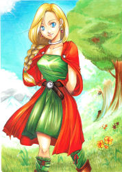 Rule 34 | 1girl, arms behind back, belt, bianca (dq5), blonde hair, blue eyes, braid, breasts, cape, dragon quest, dragon quest v, dress, earrings, green dress, green skirt, hair over shoulder, jewelry, leg warmers, lipstick, long hair, low-tied long hair, makeup, marker (medium), neck ring, single braid, skirt, smile, solo, square enix, traditional media, tree, you kazuna