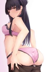 Rule 34 | 1girl, arched back, ass, bare arms, bare back, bare shoulders, black hair, bra, breasts, brown eyes, gradient background, highres, idolmaster, idolmaster shiny colors, lace, lace-trimmed bra, lace trim, light blush, long hair, looking at viewer, looking back, mayuzumi fuyuko, medium breasts, nail polish, panties, pink bra, pink panties, ryuu., sidelocks, solo, tag, underwear, underwear only, undressing