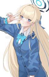 Rule 34 | 1girl, akanora, aqua bow, blonde hair, blue archive, blue bow, blue cardigan, blue eyes, blue hair, blue halo, blue nails, blue scrunchie, blush, bow, braid, cardigan, closed mouth, collared shirt, commentary, earrings, hair bow, halo, highres, jewelry, long hair, looking at viewer, multicolored hair, scrunchie, shirt, simple background, solo, streaked hair, toki (blue archive), twitter username, v, very long hair, white background, white shirt, wrist scrunchie