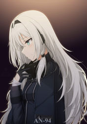 Rule 34 | 1girl, absurdres, an-94 (girls&#039; frontline), aqua eyes, black gloves, breasts, character name, closed mouth, girls&#039; frontline, gloves, hairband, headphones, highres, jiafei2o3, long hair, looking down, platinum blonde hair, simple background, small breasts, solo, uniform