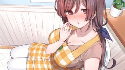 Rule 34 | 1girl, absurdres, apron, bathroom, bekotarou, blush, breasts, brown eyes, brown hair, checkered apron, checkered clothes, cleavage, embarrassed, female focus, from above, hand on own cheek, hand on own face, hand up, highres, indoors, large breasts, legs, long hair, looking at viewer, low ponytail, mankai kaika, matching hair/eyes, mature female, nose blush, original, parted lips, sitting, solo, thighs, toilet