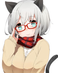 Rule 34 | 1girl, animal ears, bad id, bad pixiv id, bespectacled, blush, cardigan, cat ears, cat tail, glasses, green eyes, kinakomoti, looking at viewer, plaid, plaid scarf, red-framed eyewear, sanya v. litvyak, scarf, short hair, silver hair, simple background, smile, solo, strike witches, sweater, tail, white background, world witches series