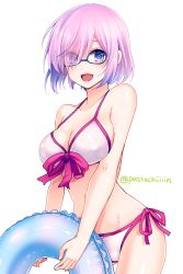 Rule 34 | 1girl, bikini, breasts, cleavage, eyes visible through hair, fate/grand order, fate (series), glasses, hair over one eye, holding, innertube, large breasts, looking at viewer, mash kyrielight, mash kyrielight (swimsuit of perpetual summer), official alternate costume, open mouth, pastachiiiiin, pink hair, purple eyes, short hair, side-tie bikini bottom, simple background, smile, solo, swim ring, swimsuit