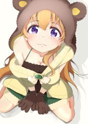 Rule 34 | 1girl, animal ears, animal hood, artist name, artist request, bare legs, bare shoulders, blush, bow, breasts, brown gloves, brown hair, cleavage, exciting animal (love live!), female focus, fur-trimmed shorts, fur trim, gloves, green shorts, hair between eyes, highres, hood, konoe kanata, long hair, looking at viewer, love live!, love live! nijigasaki high school idol club, love live! school idol festival, love live! school idol festival all stars, medium breasts, parted lips, polka dot, polka dot bow, purple eyes, shorts, sitting, smile, solo, sweater, white bow, yellow sweater