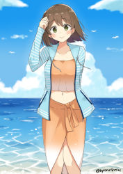 Rule 34 | 1girl, bikini, blue sweater, brown hair, chaa (korone-ze), collarbone, green eyes, highres, hiryuu (kancolle), kantai collection, looking at viewer, midriff, navel, official alternate costume, one side up, orange bikini, orange sarong, sarong, short hair, smile, solo, striped clothes, striped sweater, sweater, swimsuit, twitter username