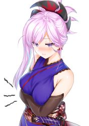 Rule 34 | 1girl, aldehyde, asymmetrical hair, black gloves, blush, breasts, closed mouth, crossed arms, elbow gloves, embarrassed, fate/grand order, fate (series), gloves, highres, japanese clothes, katana, kimono, large breasts, long hair, looking at viewer, miyamoto musashi (fate), miyamoto musashi (first ascension) (fate), nose blush, obi, pink hair, ponytail, purple eyes, sash, sheath, sheathed, simple background, sleeveless, sleeveless kimono, solo, sword, upper body, weapon, white background