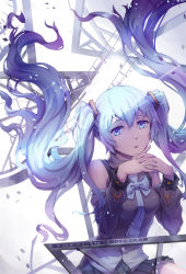 Rule 34 | 10s, 1girl, 2014, absurdres, artist name, bad id, bad pixiv id, blue eyes, blue hair, dated, detached sleeves, floating hair, hatsune miku, highres, interlocked fingers, long hair, matching hair/eyes, necktie, solo, twintails, very long hair, vocaloid, zeixique