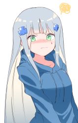 Rule 34 | 1girl, blue hoodie, blush, breasts, closed mouth, commentary, drawstring, english commentary, facial mark, girls&#039; frontline, green eyes, hair ornament, highres, hk416 (girls&#039; frontline), hood, hood down, hoodie, long hair, long sleeves, looking at viewer, nose blush, silver hair, simple background, small breasts, solo, squiggle, tosyeo, v-shaped eyebrows, very long hair, wavy mouth, white background
