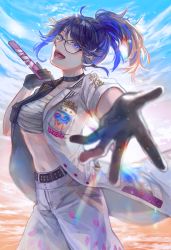 Rule 34 | 1girl, absurdres, black gloves, blue eyes, bokken, breast pocket, breasts, chest sarashi, cleavage, cloud, cloudy sky, glasses, gloves, highres, holding, holding sword, holding weapon, indie virtual youtuber, jacket, kson, large breasts, midriff, mole, mole under eye, multicolored clothes, multicolored jacket, muu shh, navel, open mouth, outstretched hand, pants, pocket, purple hair, sarashi, sky, solo, souchou, swept bangs, sword, teeth, tongue, two-tone jacket, virtual youtuber, weapon, white jacket, white pants, wooden sword