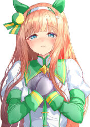 Rule 34 | 1girl, absurdres, amaxa, animal ears, blue eyes, blunt bangs, blush, closed mouth, crying, crying with eyes open, ear covers, green sleeves, hair ornament, hairband, hands on own chest, highres, horse ears, horse girl, juliet sleeves, long hair, long sleeves, looking at viewer, orange hair, own hands together, puffy sleeves, shirt, sidelocks, silence suzuka (umamusume), simple background, smile, solo, standing, star (symbol), straight-on, tears, umamusume, upper body, white background, white hairband, white shirt