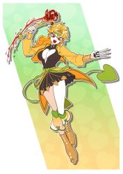 Rule 34 | 1girl, :d, black dress, blonde hair, blood, bloody weapon, bracelet, breasts, cleavage cutout, clothing cutout, dio brando, dress, earrings, evil smile, female focus, full body, genderswap, genderswap (mtf), gooonja, headband, heart cutout, holding, holding wand, jacket, jewelry, jojo no kimyou na bouken, knife, large breasts, long hair, magical girl, open mouth, red eyes, smile, solo, stardust crusaders, vampire, wand, weapon, yellow jacket
