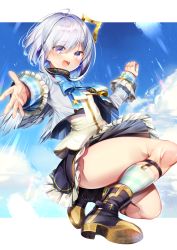 Rule 34 | 1girl, :d, absurdres, amane kanata, angel, angel wings, armband, blue hair, bob cut, bow, bowtie, chi no, cloud, halo, highres, hololive, miniskirt, multicolored hair, open mouth, outstretched arm, purple eyes, shoes, short hair, silver hair, single hair intake, skirt, sky, smile, socks, solo, star halo, streaked hair, thighs, virtual youtuber, wings
