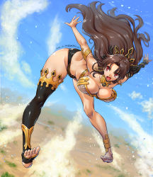 Rule 34 | 1girl, alternate breast size, amania orz, armlet, ass, asymmetrical gloves, asymmetrical legwear, bare shoulders, bent over, bikini, black hair, black panties, black thighhighs, blue sky, bra, breasts, brown hair, choker, cleavage, cloud, collarbone, crown, curvy, dated, day, dimples of venus, earrings, elbow gloves, fate/grand order, fate (series), feet, gloves, gold trim, groin, highleg, highleg bikini, hoop earrings, ishtar (fate), jewelry, large breasts, long hair, mismatched legwear, open mouth, panties, red eyes, revealing clothes, single thighhigh, skindentation, sky, swimsuit, thighhighs, thighs, toeless legwear, tongue, underwear, uneven gloves, uneven legwear, white bra