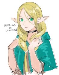 Rule 34 | 1girl, blonde hair, braid, choker, cloak, closed mouth, copyright name, dungeon meshi, elf, green eyes, hair between eyes, hair over shoulder, highres, hood, hood down, long hair, looking at viewer, marcille donato, pointy ears, simple background, smile, solo, tetsu (kimuchi), twin braids, white background