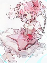 Rule 34 | 1girl, absurdres, bow (weapon), chinese commentary, commentary request, dress, frilled socks, frills, gloves, hair ribbon, highres, hisakawa sora, holding, holding bow (weapon), holding weapon, kaname madoka, mahou shoujo madoka magica, mahou shoujo madoka magica (anime), neck ribbon, open mouth, pink dress, pink eyes, pink hair, pink ribbon, puffy short sleeves, puffy sleeves, red ribbon, ribbon, short sleeves, simple background, socks, solo, soul gem, twintails, weapon, white background, white gloves, white socks