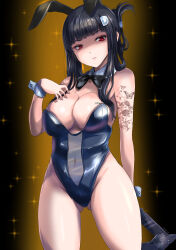 Rule 34 | animal ears, arm tattoo, axe, barcode, black bow, black bowtie, black hair, black leotard, blunt bangs, bowtie, butterfly tattoo, c-wing, chest tattoo, d (nikke), detached collar, fake animal ears, gluteal fold, goddess of victory: nikke, hatchet (axe), highleg, highleg leotard, holding, holding weapon, leotard, long hair, looking at viewer, playboy bunny, rabbit ears, red eyes, strapless, strapless leotard, tattoo, thighs, weapon, wrist cuffs