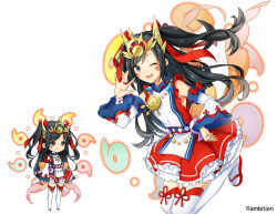 Rule 34 | 1girl, ;d, aki no jikan, black eyes, black hair, detached sleeves, facial mark, jewelry, long hair, looking at viewer, m/, magatama, maru-kichi, medallion, multiple views, necklace, official art, one eye closed, open mouth, red ribbon, red skirt, ribbon, sandals, skirt, smile, standing, standing on one leg, thighhighs, two side up, whisker markings, white thighhighs