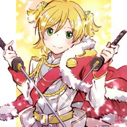 Rule 34 | 1girl, aiguillette, artist name, belt, belt buckle, blonde hair, blush, buckle, closed mouth, commentary request, daiba nana, dual wielding, epaulettes, fur-trimmed jacket, fur trim, gradient background, green eyes, green ribbon, hair between eyes, hair ribbon, highres, holding, holding sword, holding weapon, jacket, jacket on shoulders, katana, light particles, long sleeves, looking at viewer, oriotohime, outside border, pillarboxed, red jacket, red sash, reverse grip, ribbon, sash, short hair, short twintails, shoujo kageki revue starlight, shoulder sash, smile, solo, star (symbol), sword, twintails, upper body, weapon, white jacket, yellow background, yellow belt