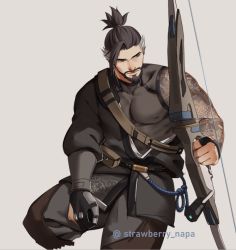 Rule 34 | 1boy, bad id, bad twitter id, beard, black hair, bow (weapon), brown hair, commentary, facial hair, gloves, hanzo (overwatch), holding, japanese clothes, long hair, long sleeves, male focus, multicolored hair, overwatch, overwatch 1, ponytail, solo, strawberry napa, tattoo, weapon