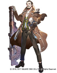 Rule 34 | 1boy, beard, brown coat, brown eyes, brown footwear, brown hair, cannon, clenched hand, coat, commentary request, cuffs, facial hair, frown, full body, gaou (umaiyo puyoman), gloves, grey pants, grimms notes, handcuffs, holding, holding weapon, justin ganimard, long sleeves, looking at viewer, male focus, mustache, official art, pants, shoes, simple background, solo, standing, watermark, weapon, white background, white gloves