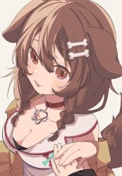 Rule 34 | 1girl, 1other, 852 box, animal ears, blush, bone hair ornament, breasts, brown hair, cleavage, collar, collarbone, dog ears, dog girl, dog tail, fang, fingernails, hair between eyes, hair ornament, highres, hololive, inugami korone, inugami korone (1st costume), long hair, open mouth, pov, pov hands, red collar, skin fang, sleeves past wrists, solo focus, tail, virtual youtuber