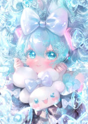 Rule 34 | 1girl, :d, absurdres, aqua eyes, aqua hair, black sleeves, blue shirt, blush, body writing, bow, cinnamiku, cinnamoroll, closed mouth, commentary request, frilled sleeves, frills, hair bow, hair ornament, hands up, hatsune miku, heart, heart hair ornament, highres, looking at viewer, onene, open mouth, sanrio, shirt, signature, smile, tied ears, twitter username, updo, upper body, vocaloid, wings