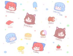 Rule 34 | 3girls, :3, ^ ^, animal ears, blue bow, blue hair, bow, brown hair, character name, closed eyes, closed mouth, commentary, dotted background, doughnut, english text, face, fins, food, grass root youkai network, hair bow, head fins, ice cream, imaizumi kagerou, long hair, meat, multiple girls, multiple views, open mouth, pancake, red hair, sekibanki, short hair, smile, sushi, symbol-only commentary, tomato, touhou, wakasagihime, white background, wolf ears, zenerat