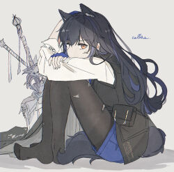 Rule 34 | 1girl, animal ears, arknights, arms up, black hair, black pantyhose, black vest, blue gloves, blue hair, blue shorts, commentary, dirty, dirty face, fingerless gloves, from side, full body, gloves, grey background, hugging own legs, long hair, looking at viewer, multicolored hair, no shoes, orange eyes, pantyhose, planted, planted sword, planted weapon, pouch, seri (vyrlw), shadow, shorts, signature, simple background, solo, streaked hair, sword, tail, texas (arknights), texas the omertosa (arknights), torn clothes, torn pantyhose, vest, weapon, wolf ears, wolf girl, wolf tail