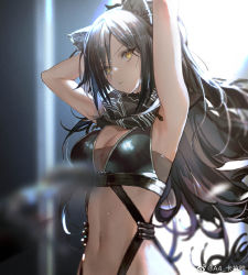 Rule 34 | 1girl, a4-kalajiao, animal ears, arknights, arms up, black scarf, black shirt, breasts, cat ears, cleavage, cropped shirt, grey hair, looking at viewer, medium breasts, navel, ponytail, scarf, schwarz (arknights), shirt, solo, stomach, sweat, upper body, weibo logo, weibo watermark, yellow eyes