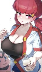 Rule 34 | 1girl, alternate breast size, baseball jersey, blush, bottle, breasts, cleavage, commentary, creatures (company), crop top, flying sweatdrops, game freak, gen 2 pokemon, hair ornament, hairclip, highres, jersey, kashu (hizake), large breasts, milk, milk bottle, miltank, mole, mole on breast, moomoo milk, nintendo, pink eyes, pink hair, pokemon, pokemon hgss, short twintails, skirt, solo, sweat, symbol-only commentary, twintails, whitney (pokemon)